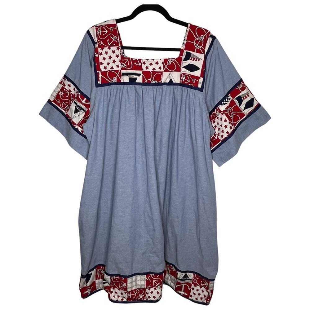 Vtg 70s Krist Gudnason Dress XL Nautical Anchor Patriotic US Flag Muumuu Kaftan